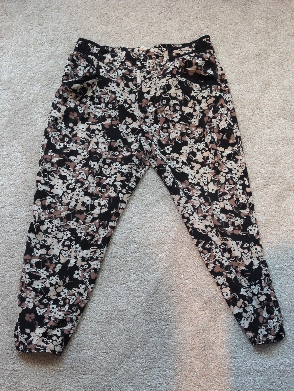 Anthropologie Black Floral Track Pants with Cream and Brown Flowers